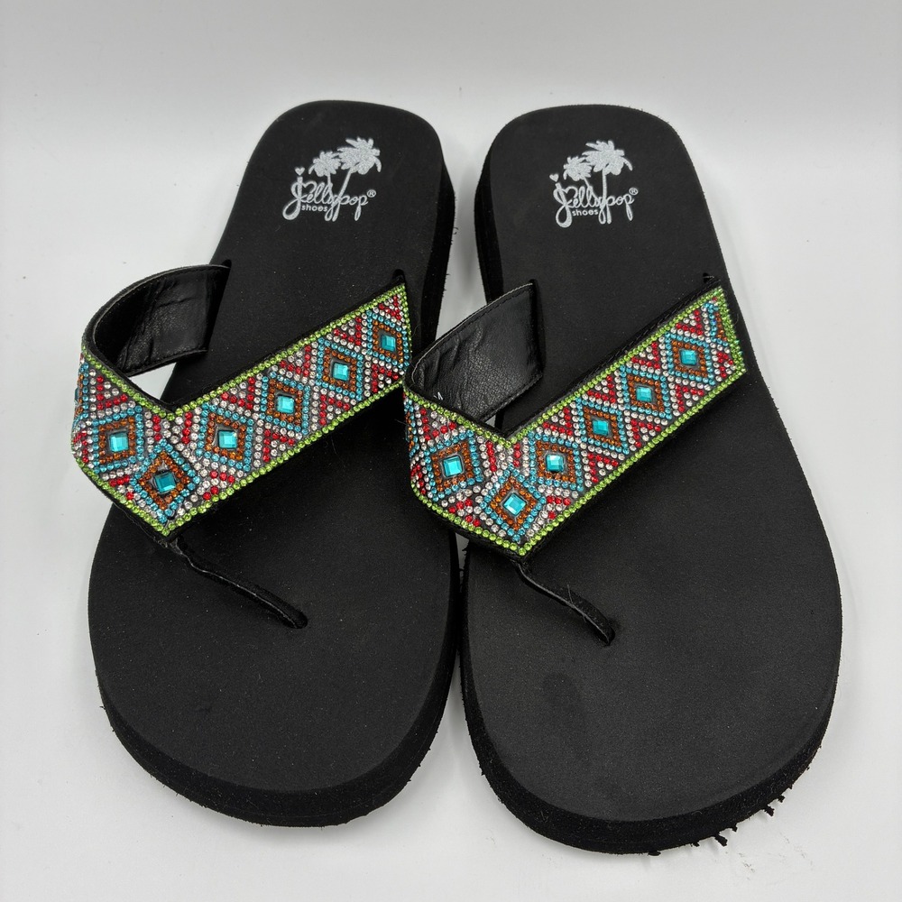 Jellypop Women's Flip Flops Size 9M Embellished Rhinestone Beaded Straps Black‎